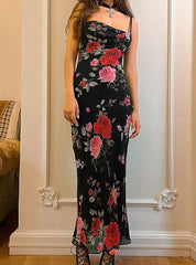 Floral Print Mesh Spaghetti Strap Maxi Dress Mssaz Desses