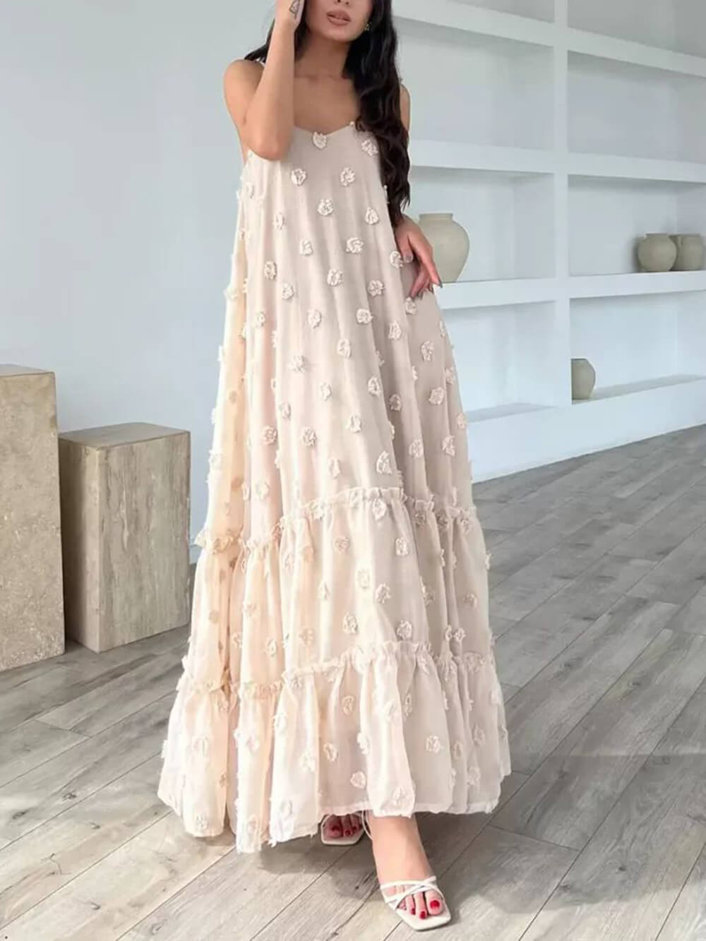 Pretty Flower Decor A-Line Layered Loose Maxi Dress Mssaz Desses
