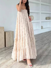 Pretty Flower Decor A-Line Layered Loose Maxi Dress Mssaz Desses
