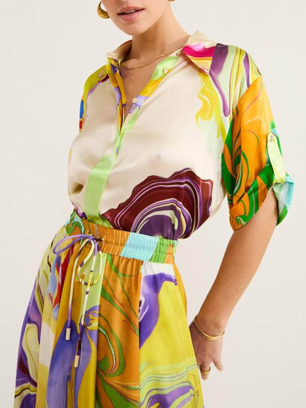 Modern Printed Satin Blouse and Skirt Set Mssaz Desses