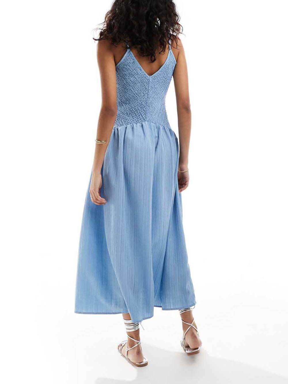 Fashionable Patchwork Smocked Sleeveless Suspender Midi Dress Mssaz Desses