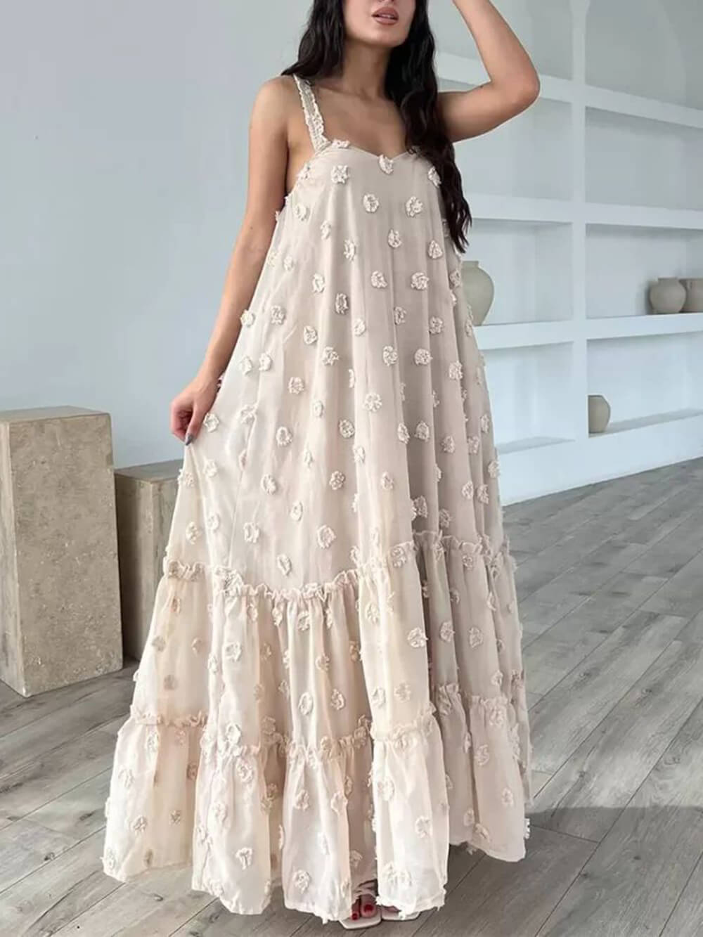 Pretty Flower Decor A-Line Layered Loose Maxi Dress Mssaz Desses