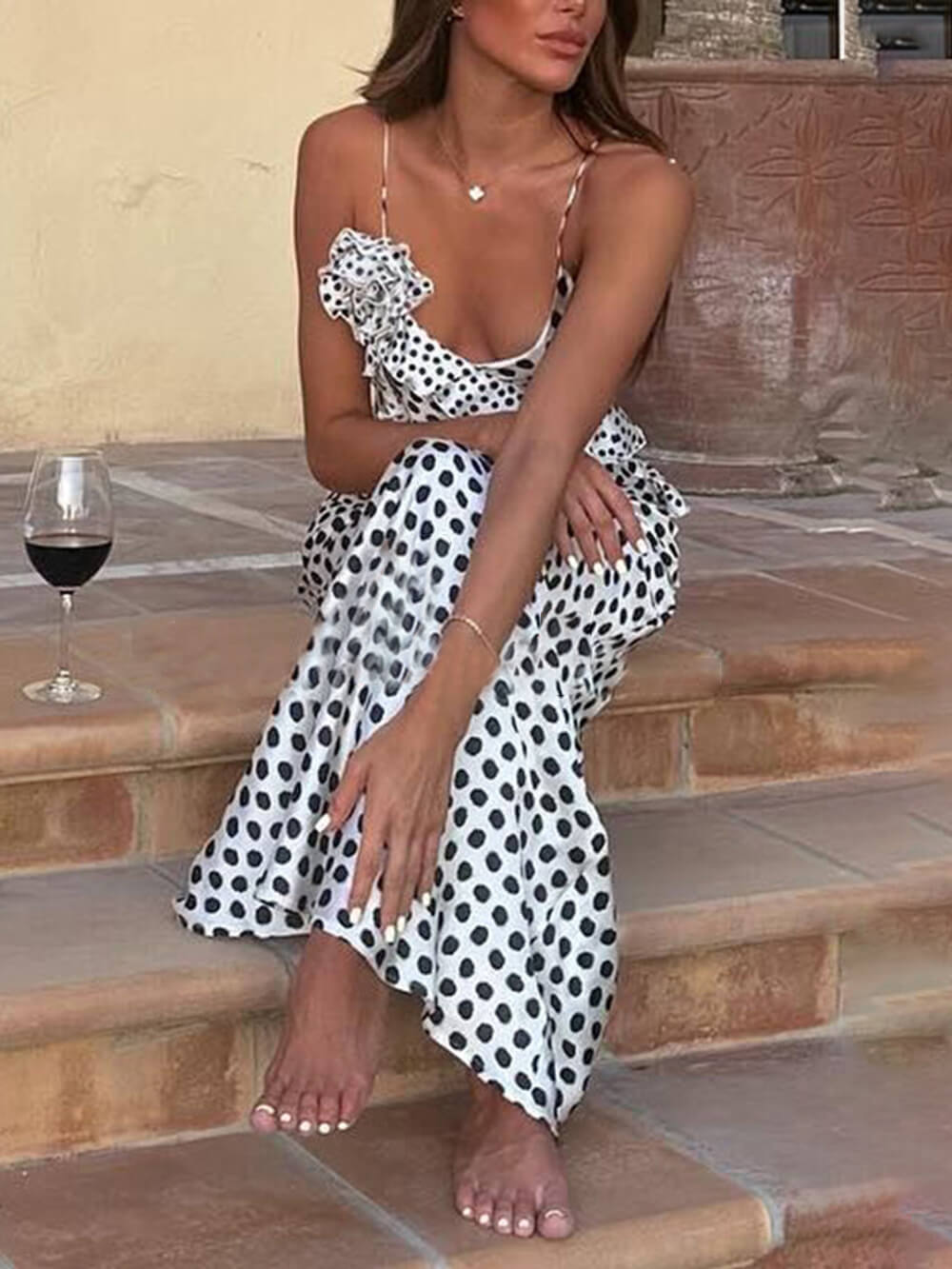 Fantasy Polka Dot Print Guipure Ruffled Suspender Maxi Dress Mssaz Desses