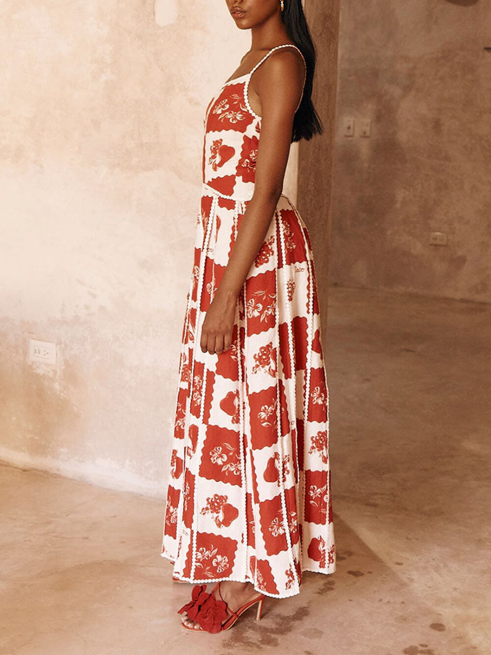 Floral Trim Unique Printed One Shoulder Flared Maxi Dress Mssaz Desses