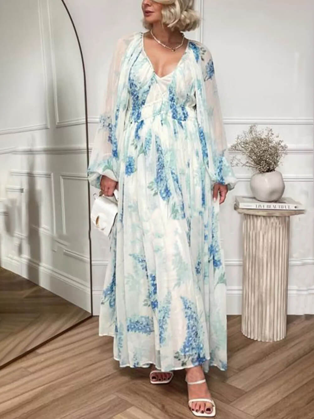 Ocean Flower Chiffon Floral Drawstring Waist Maxi Dress Mssaz Desses