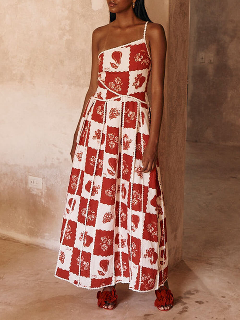 Floral Trim Unique Printed One Shoulder Flared Maxi Dress Mssaz Desses