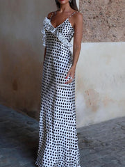 Fantasy Polka Dot Print Guipure Ruffled Suspender Maxi Dress Mssaz Desses