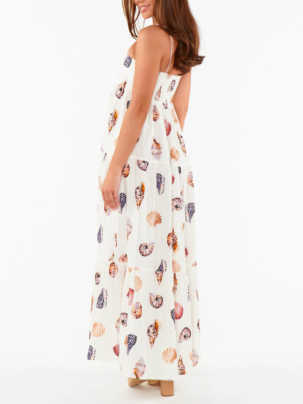 Unique Shell Conch Print Pleated Pockets Lightweight Maxi Dress Mssaz Desses