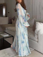 Ocean Flower Chiffon Floral Drawstring Waist Maxi Dress Mssaz Desses