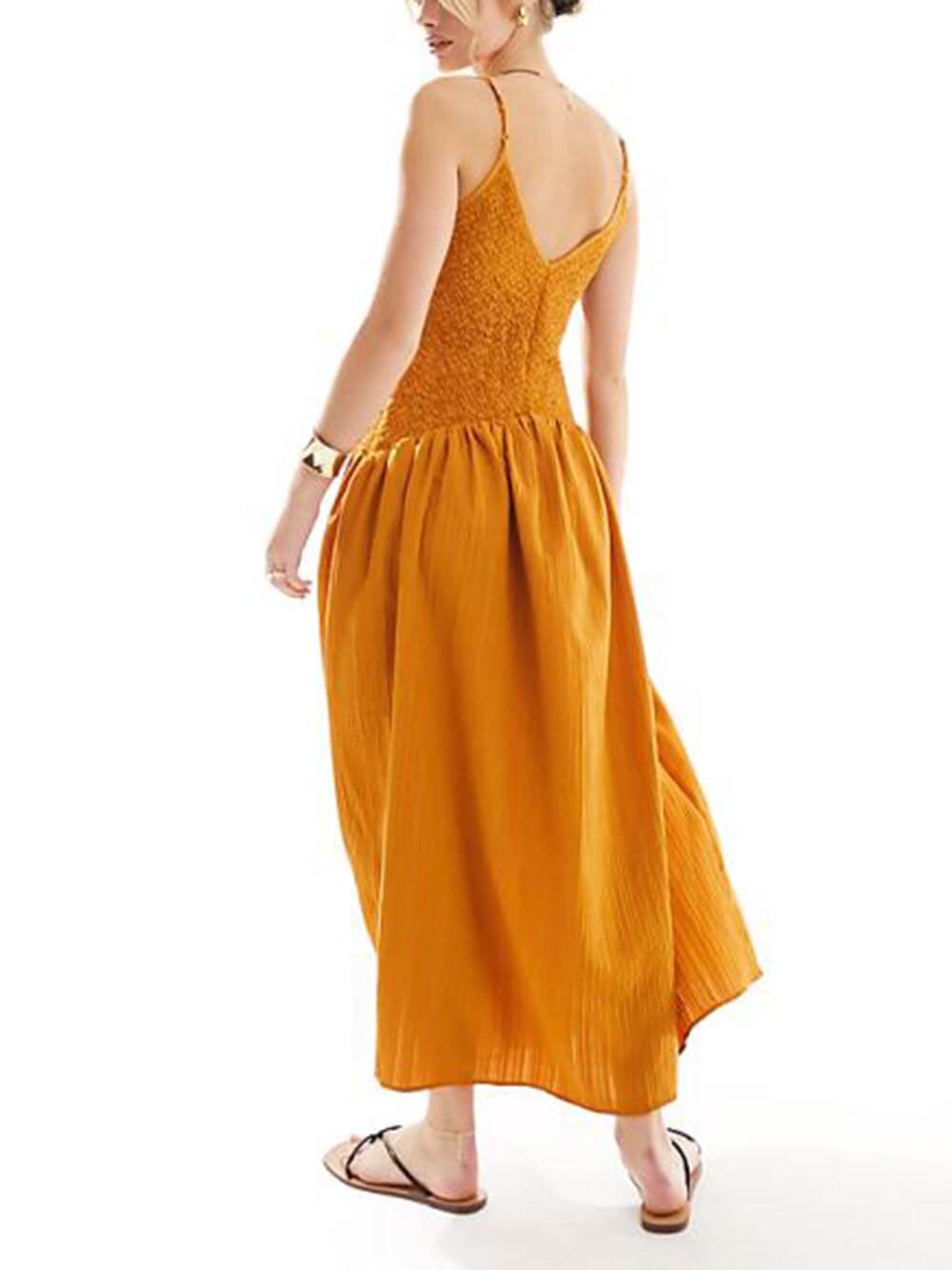 Fashionable Patchwork Smocked Sleeveless Suspender Midi Dress Mssaz Desses