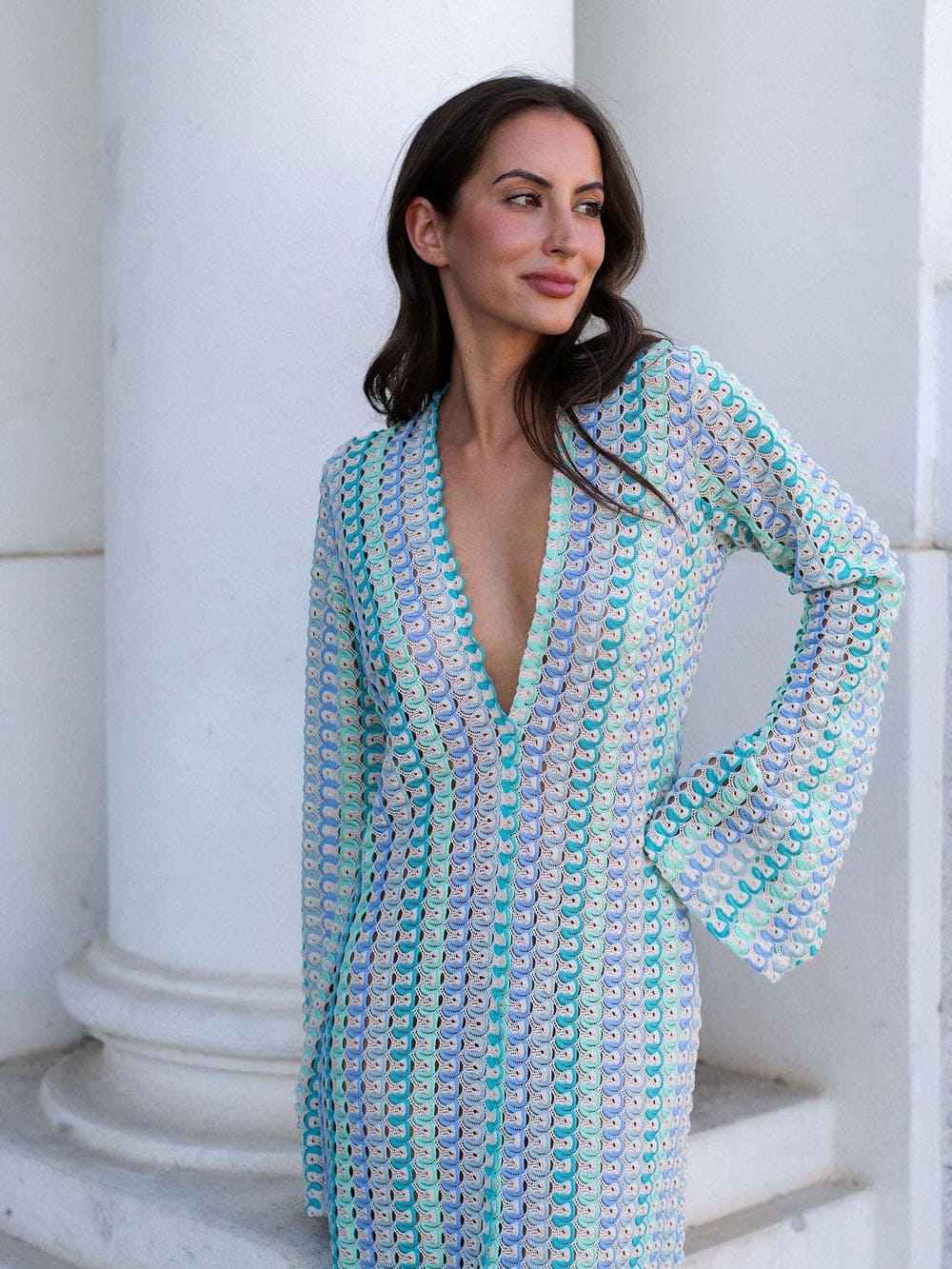 Boho V Neck Bell Sleeve Wavy Striped Crochet Beach Vacation Maxi Dress Blue Mssaz Desses