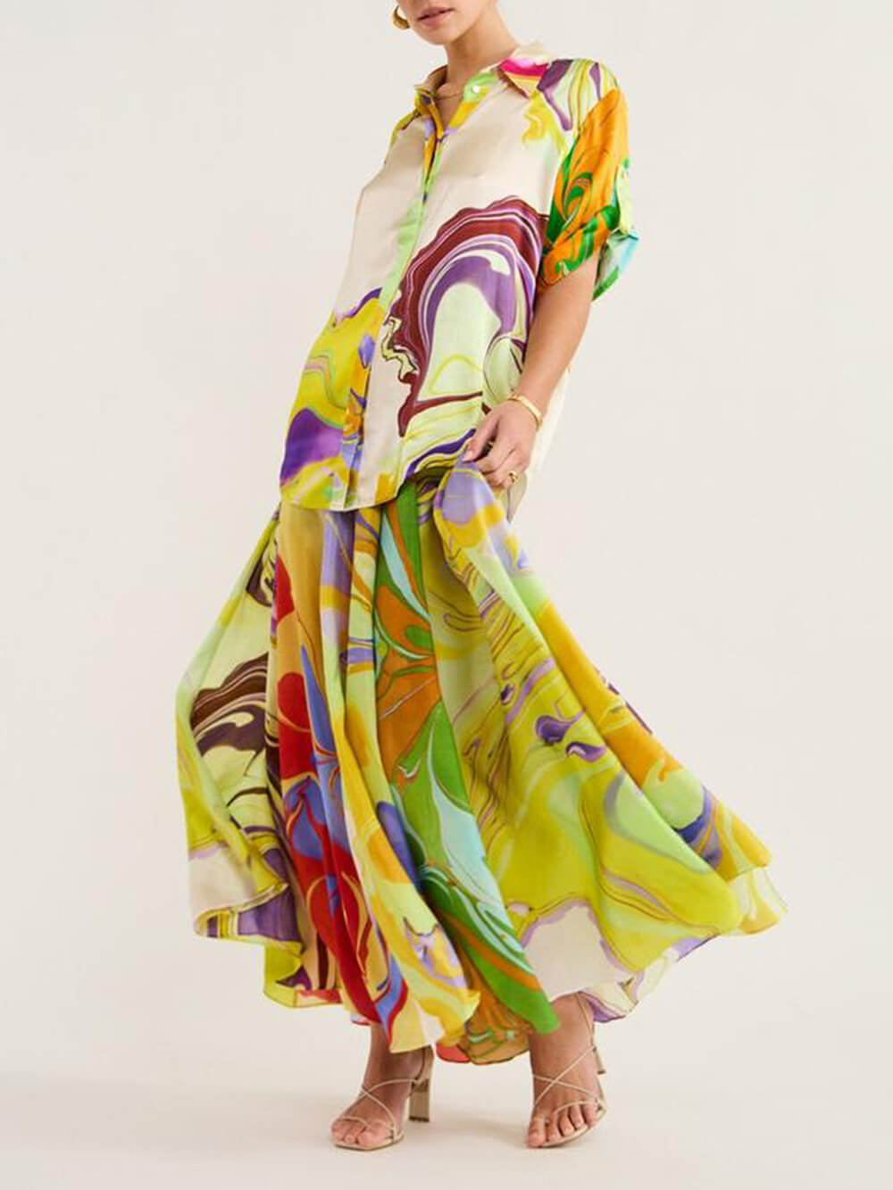 Modern Printed Satin Blouse and Skirt Set Mssaz Desses