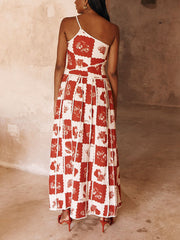 Floral Trim Unique Printed One Shoulder Flared Maxi Dress Mssaz Desses
