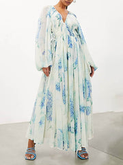 Ocean Flower Chiffon Floral Drawstring Waist Maxi Dress Mssaz Desses