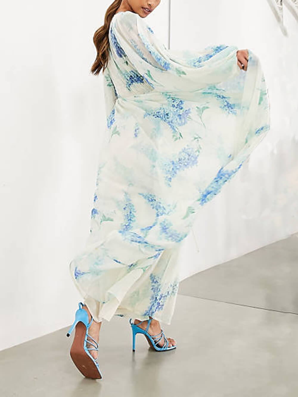 Ocean Flower Chiffon Floral Drawstring Waist Maxi Dress Mssaz Desses