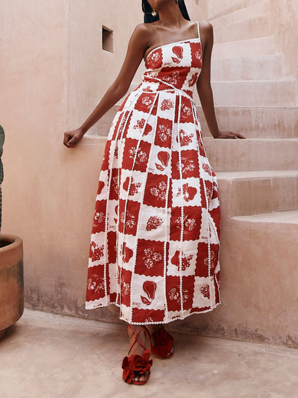 Floral Trim Unique Printed One Shoulder Flared Maxi Dress Mssaz Desses