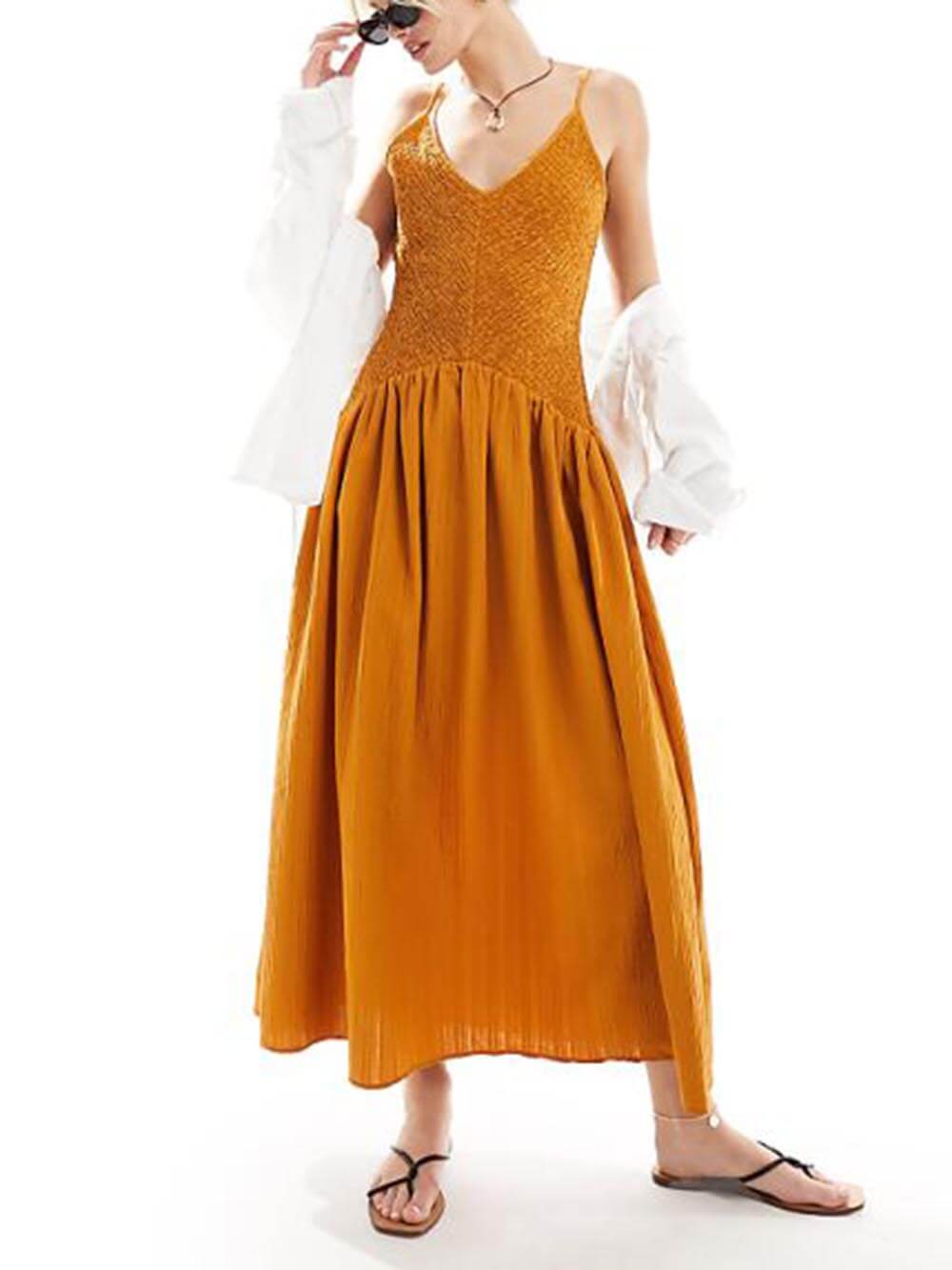Fashionable Patchwork Smocked Sleeveless Suspender Midi Dress Mssaz Desses