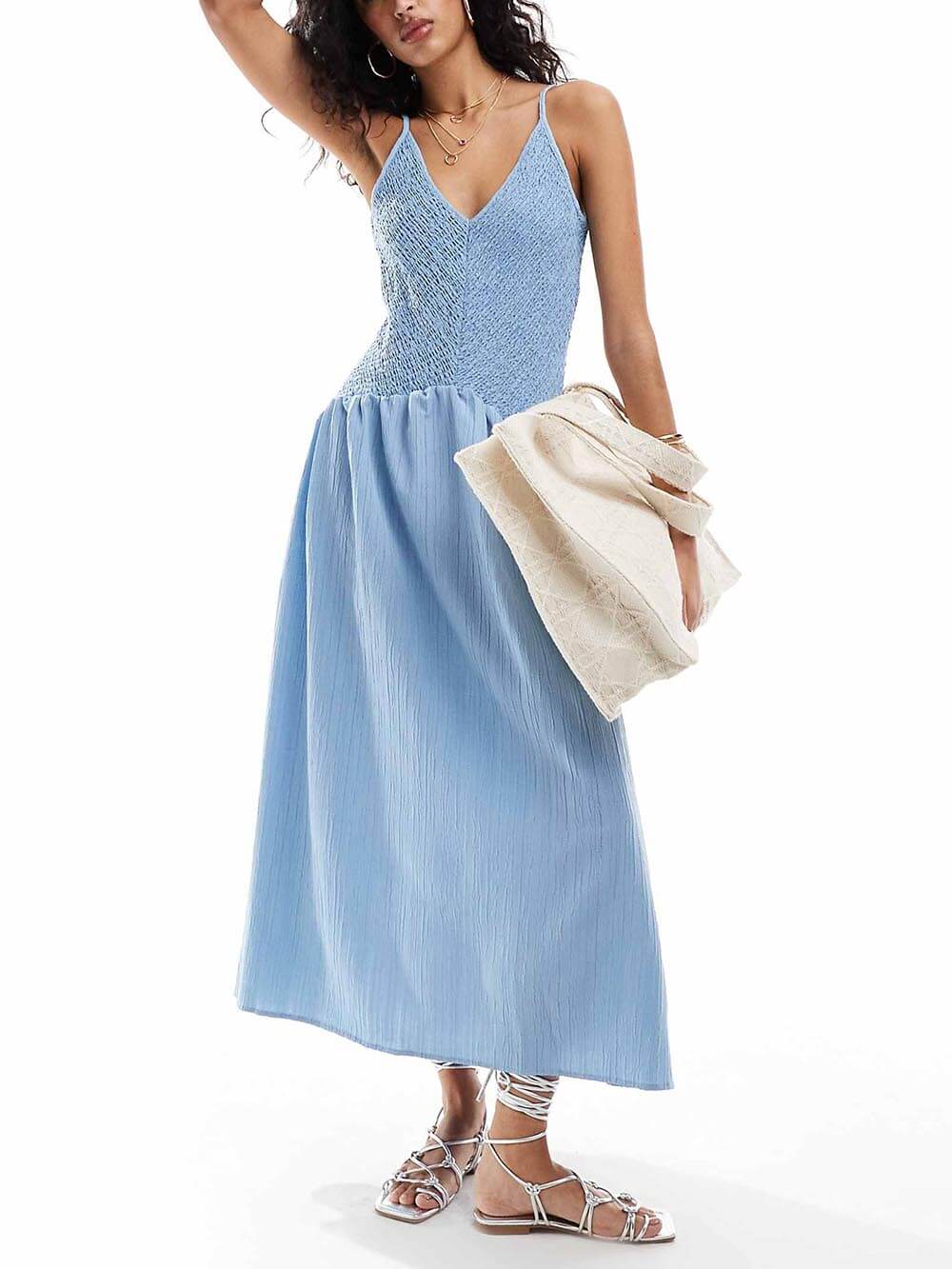 Fashionable Patchwork Smocked Sleeveless Suspender Midi Dress Mssaz Desses
