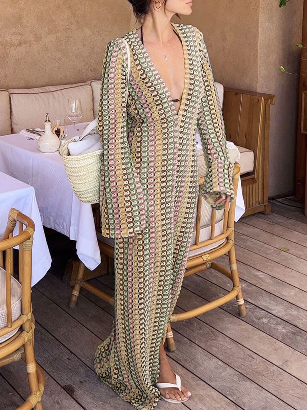 Boho V Neck Bell Sleeve Wavy Striped Crochet Beach Vacation Maxi Dress Brown Mssaz Desses