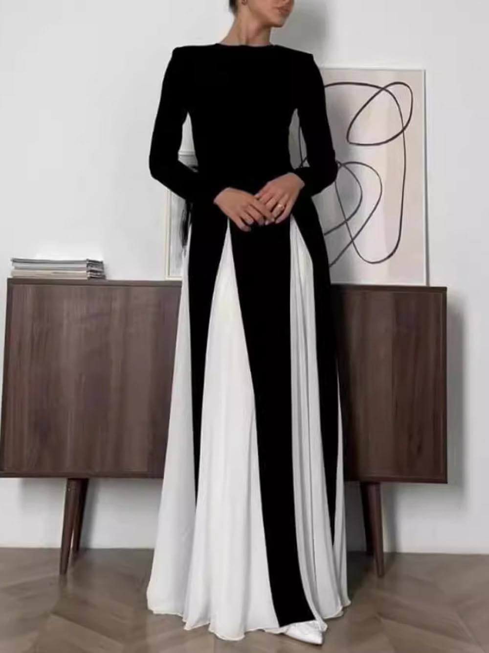 Glam Elegant Panelled Tulle Long Sleeve A-line Maxi Dress Mssaz Desses