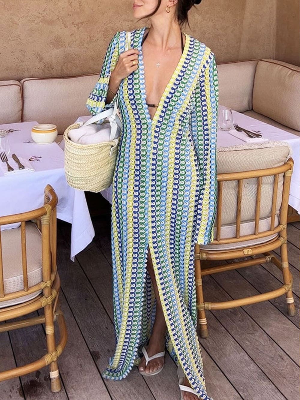 Boho V Neck Bell Sleeve Wavy Striped Crochet Beach Vacation Maxi Dress Yellow Mssaz Desses