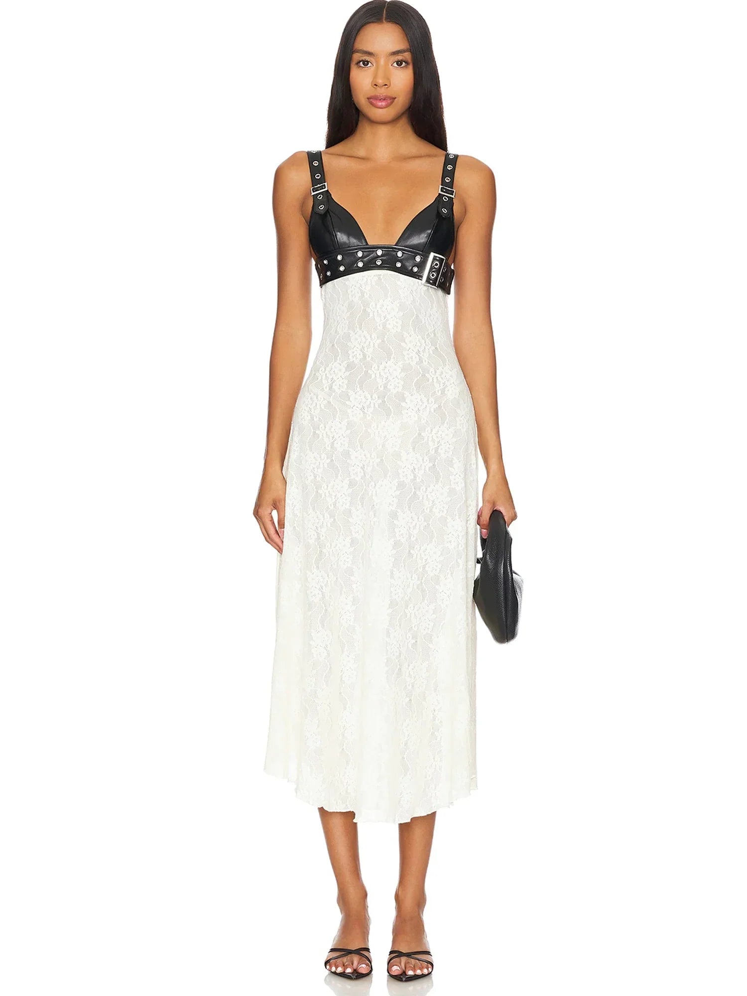 Floral Lace & Leather Midi Dress Mssaz Desses