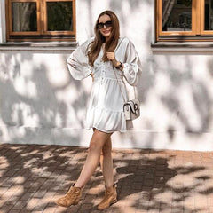 V Neck Spring  Dress Lace Long Sleeve Mini Party Dress Mssaz Desses