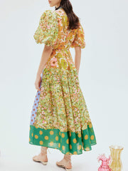 Exquisite Retro Floral Print Puff Sleeve Midi Dress Mssaz Desses