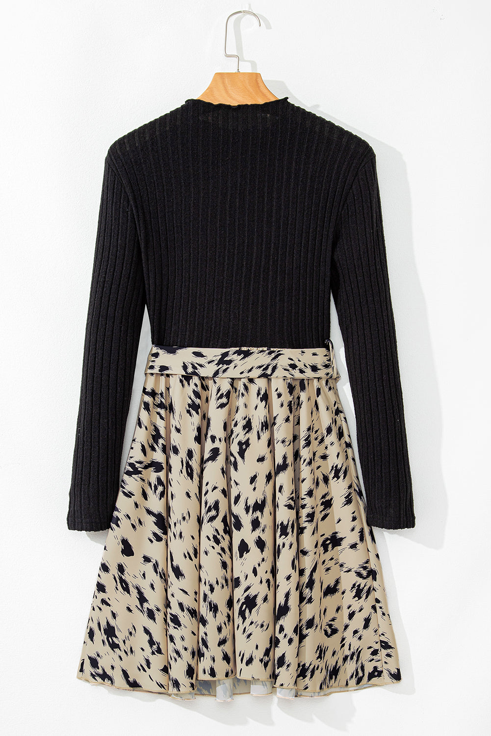 Black Ribbed Knit Patchwork Printed Belted A-line Dress Mssaz Desses