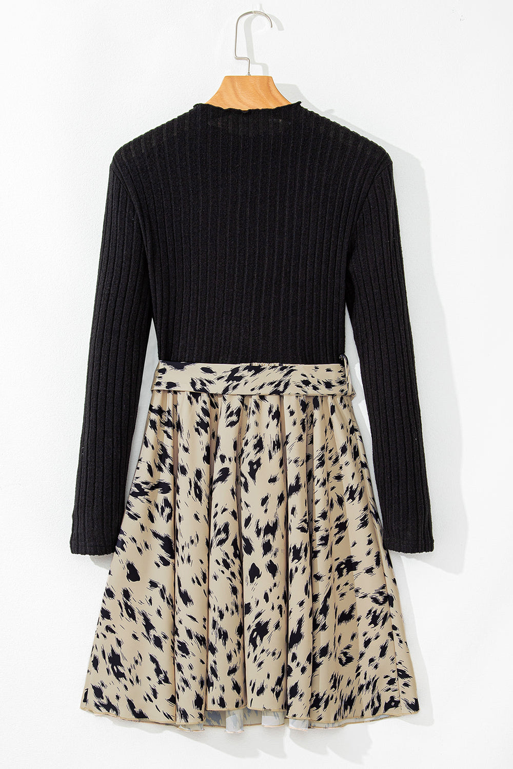Black Ribbed Knit Patchwork Printed Belted A-line Dress Mssaz Desses