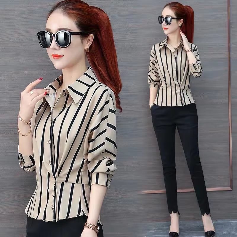Striped Long Sleeve Polo-Neck Waist Elegant And Vintage Office Shirts Mssza