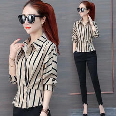 Striped Long Sleeve Polo-Neck Waist Elegant And Vintage Office Shirts Mssza