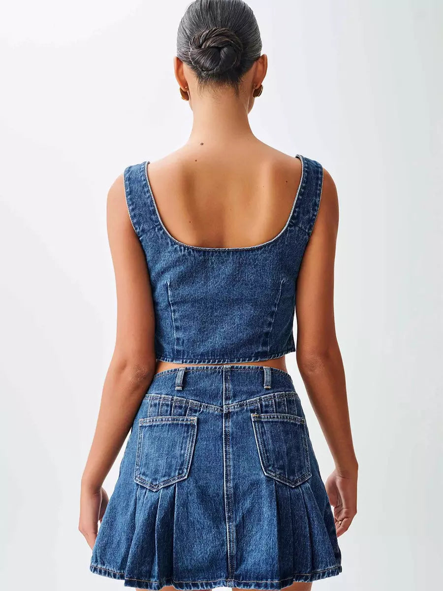 Casual Front Tie Crop Top And Mini Skirt Denim Two Piece Set Mssza