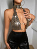 Casual Leopard Print Metal Sequins Halter Neck Tank Tops Mssza