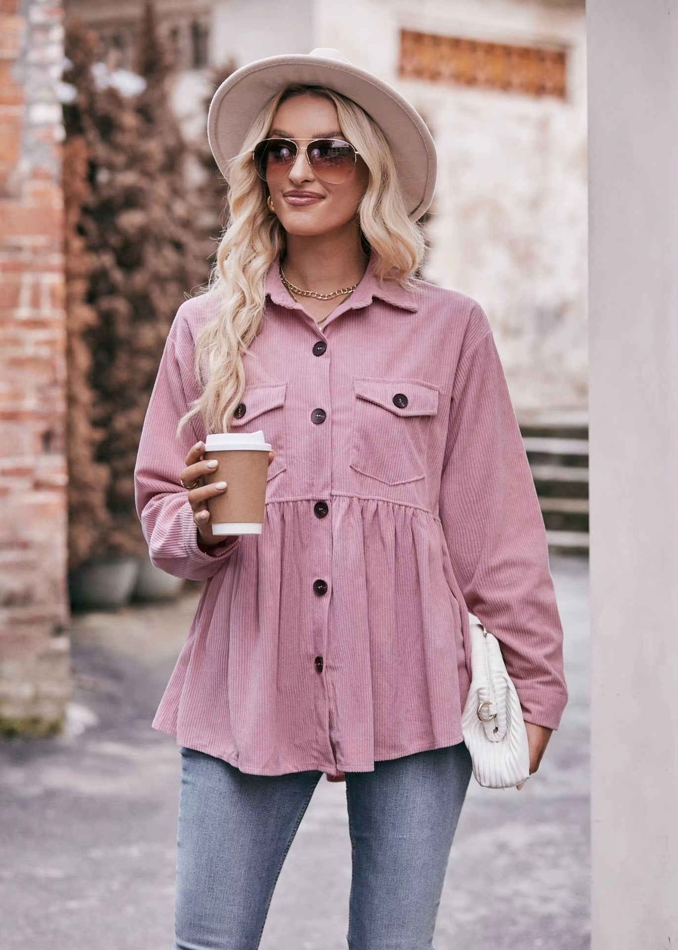 Elegant 2 Pocket Lapel Single-breasted Thicken Blouses Warm Long Sleeve T-shirt Mssza