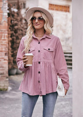 Elegant 2 Pocket Lapel Single-breasted Thicken Blouses Warm Long Sleeve T-shirt Mssza
