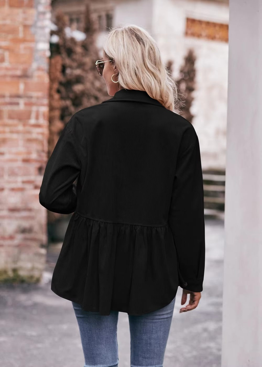 Elegant 2 Pocket Lapel Single-breasted Thicken Blouses Warm Long Sleeve T-shirt Mssza