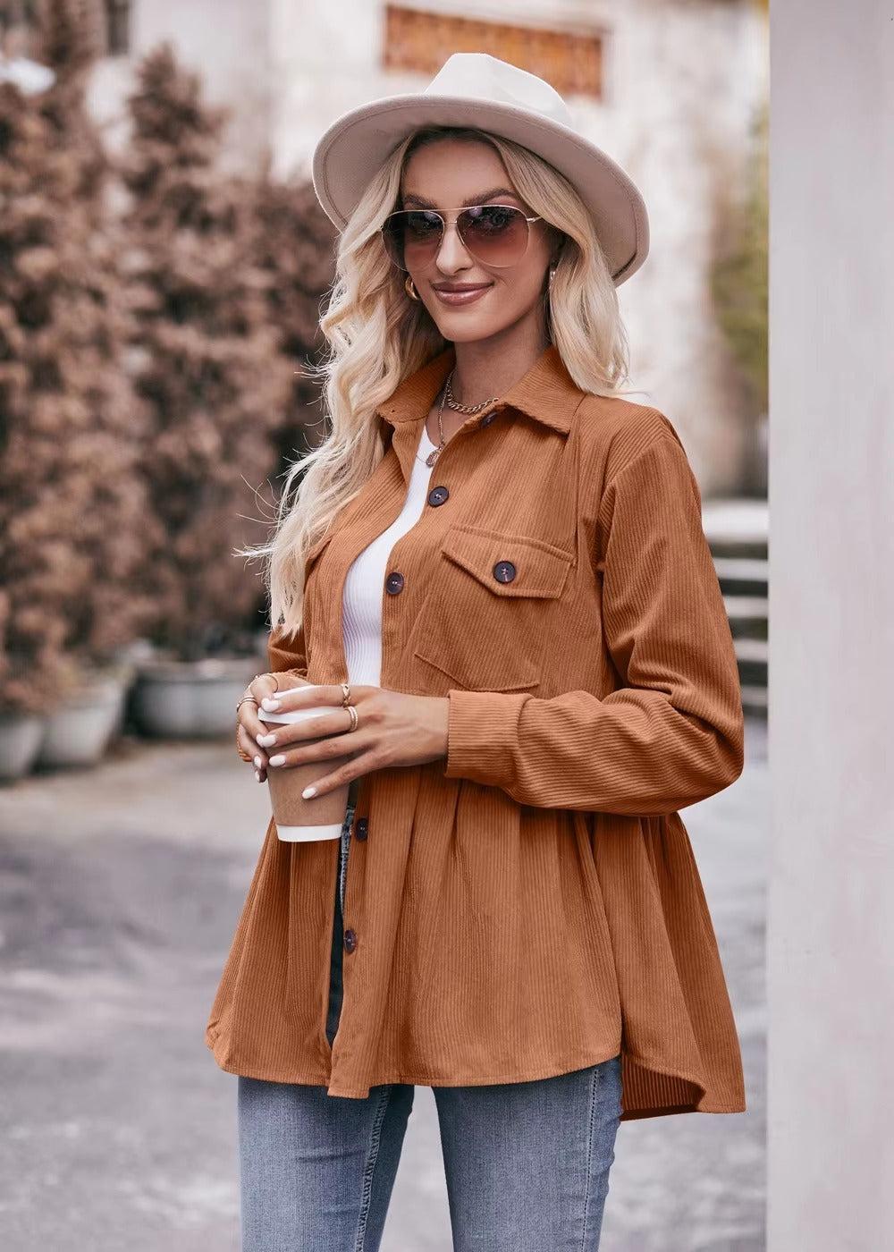 Elegant 2 Pocket Lapel Single-breasted Thicken Blouses Warm Long Sleeve T-shirt Mssza