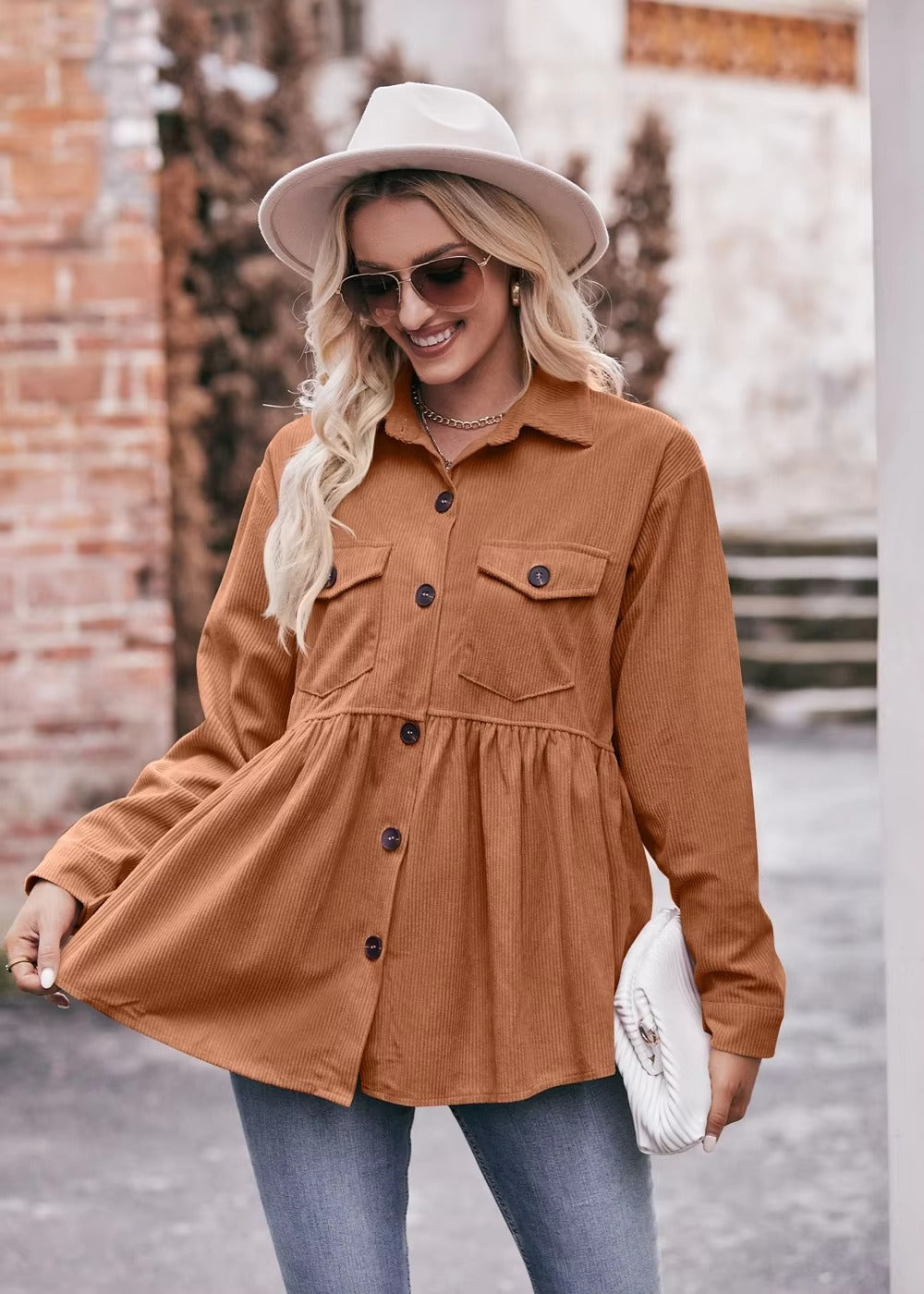 Elegant 2 Pocket Lapel Single-breasted Thicken Blouses Warm Long Sleeve T-shirt Mssza