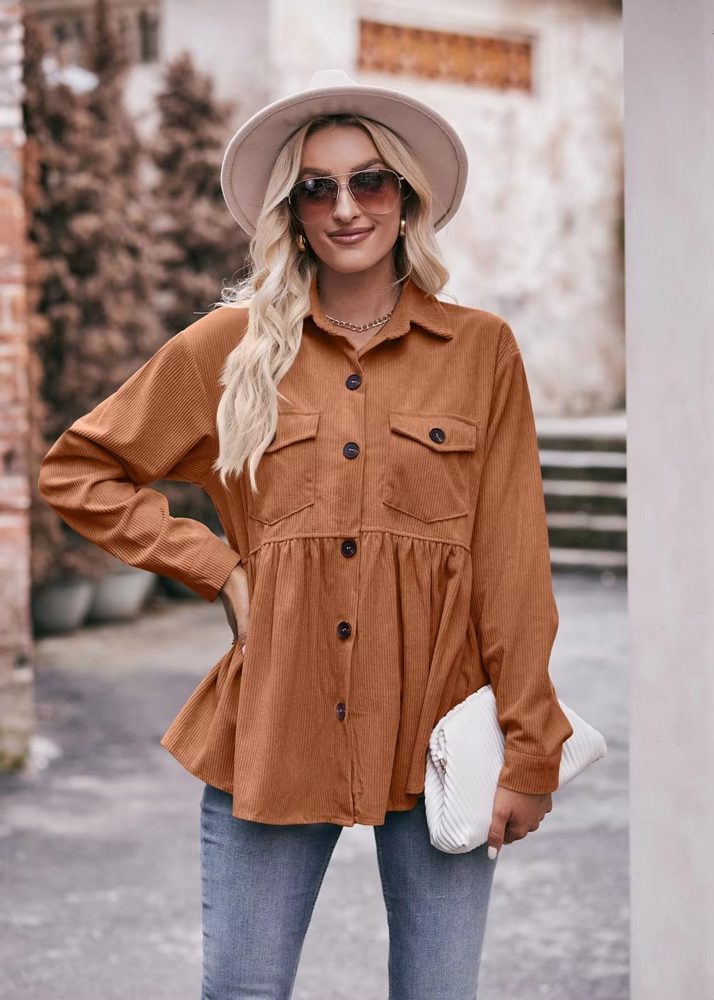 Elegant 2 Pocket Lapel Single-breasted Thicken Blouses Warm Long Sleeve T-shirt Mssza