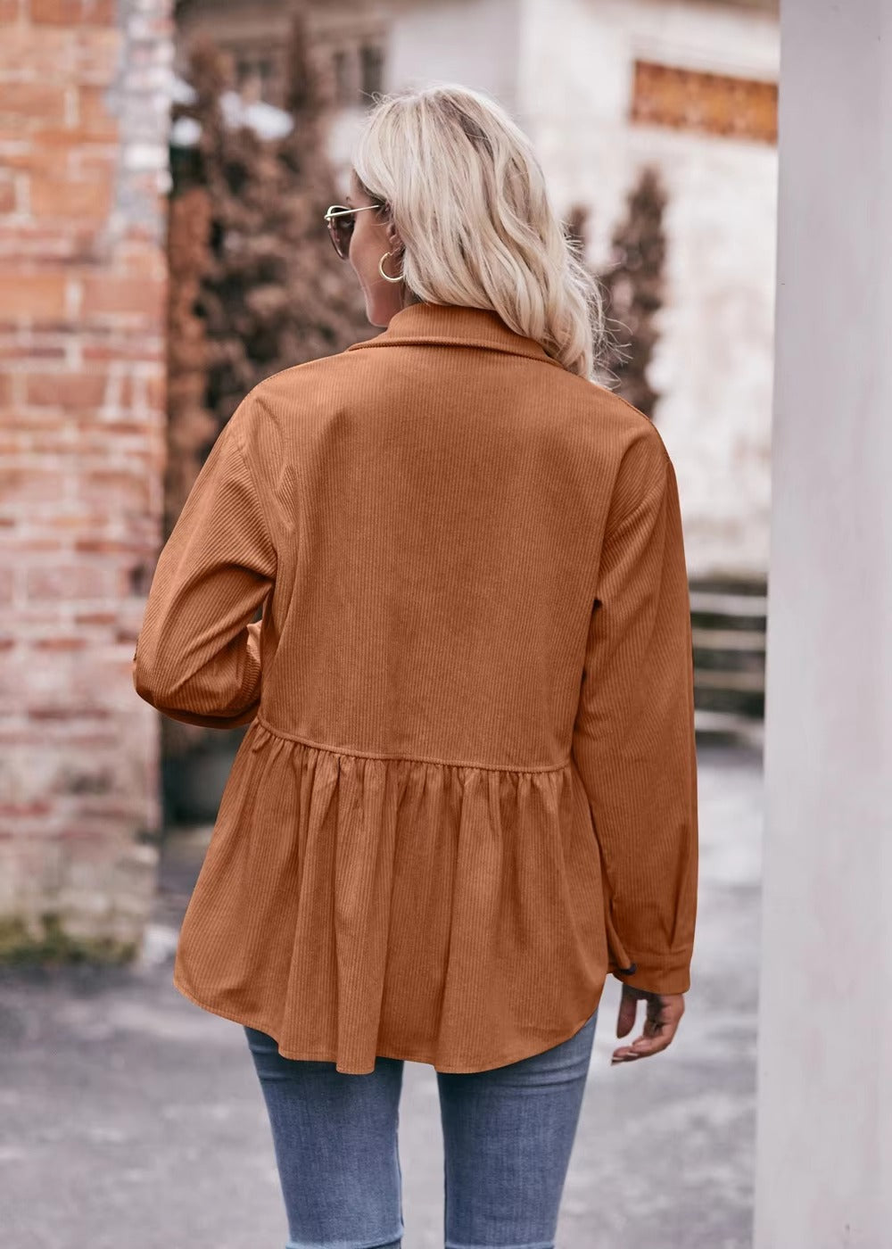 Elegant 2 Pocket Lapel Single-breasted Thicken Blouses Warm Long Sleeve T-shirt Mssza
