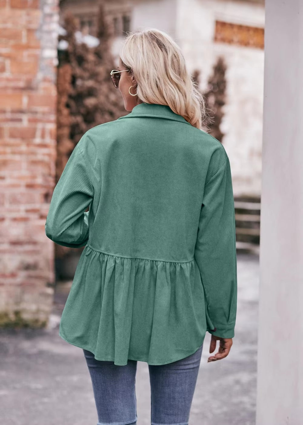 Elegant 2 Pocket Lapel Single-breasted Thicken Blouses Warm Long Sleeve T-shirt Mssza