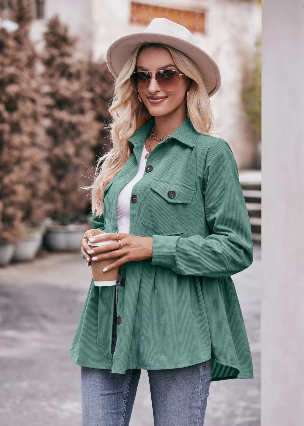 Elegant 2 Pocket Lapel Single-breasted Thicken Blouses Warm Long Sleeve T-shirt Mssza