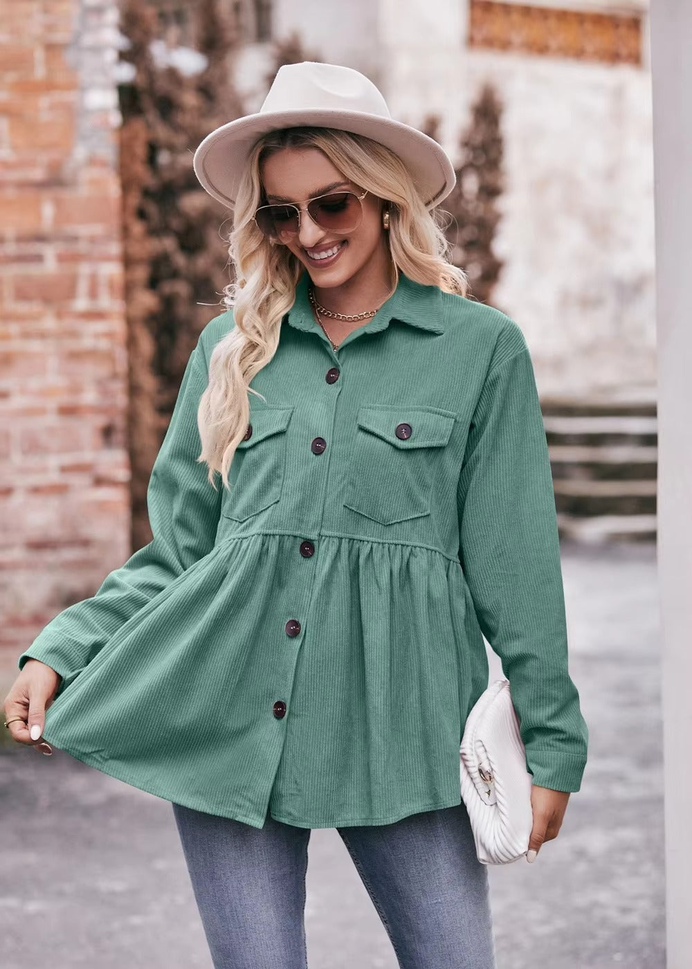 Elegant 2 Pocket Lapel Single-breasted Thicken Blouses Warm Long Sleeve T-shirt Mssza