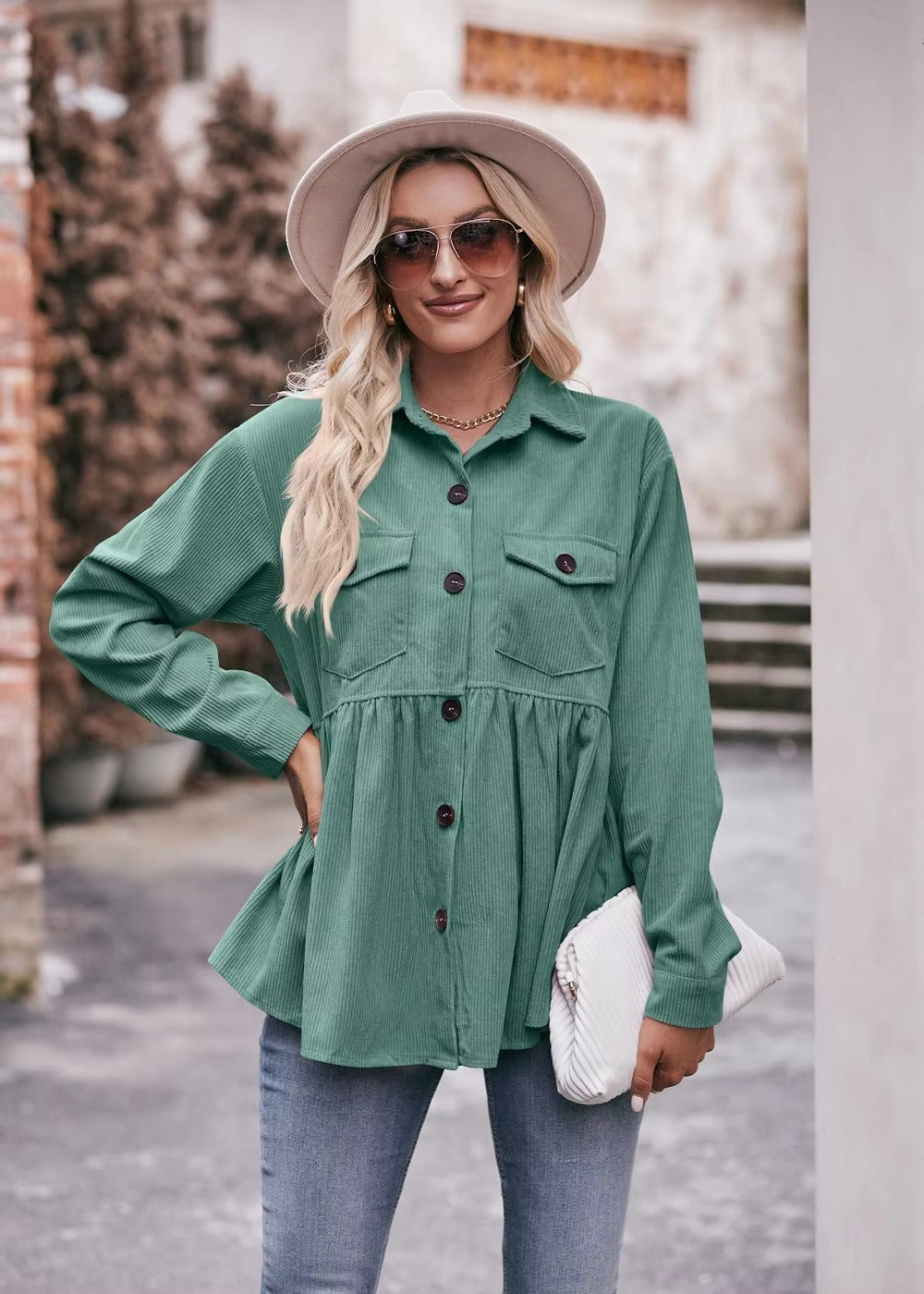 Elegant 2 Pocket Lapel Single-breasted Thicken Blouses Warm Long Sleeve T-shirt Mssza