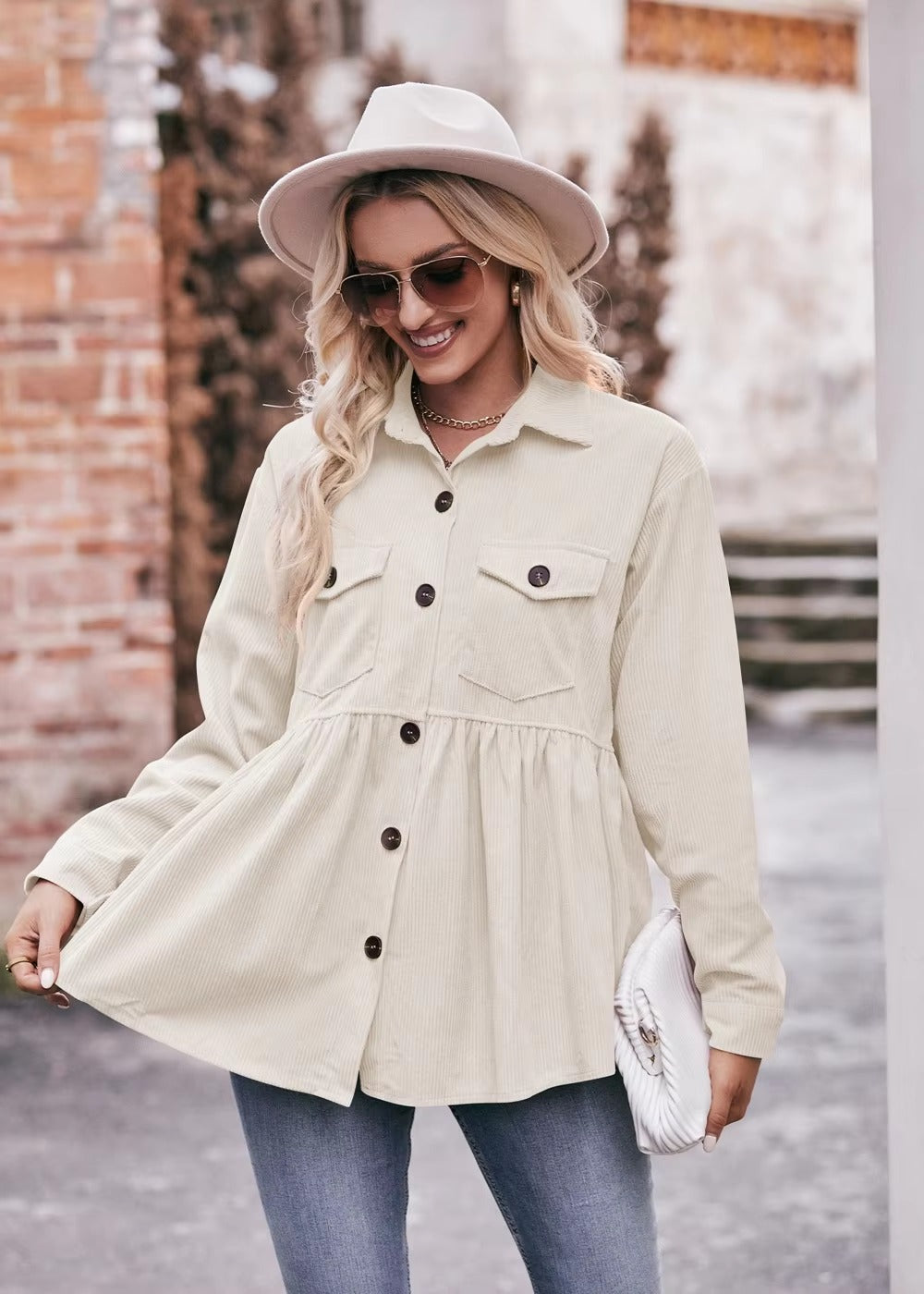 Elegant 2 Pocket Lapel Single-breasted Thicken Blouses Warm Long Sleeve T-shirt Mssza