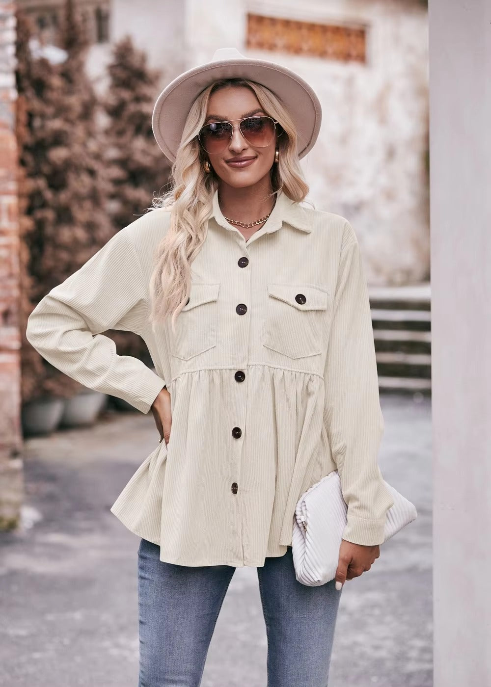 Elegant 2 Pocket Lapel Single-breasted Thicken Blouses Warm Long Sleeve T-shirt Mssza
