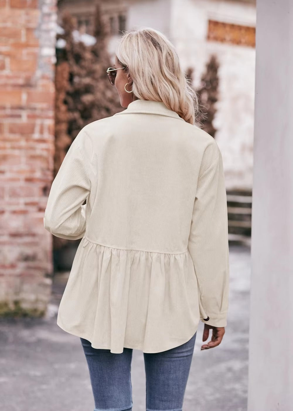 Elegant 2 Pocket Lapel Single-breasted Thicken Blouses Warm Long Sleeve T-shirt Mssza
