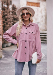 Elegant 2 Pocket Lapel Single-breasted Thicken Blouses Warm Long Sleeve T-shirt Mssza