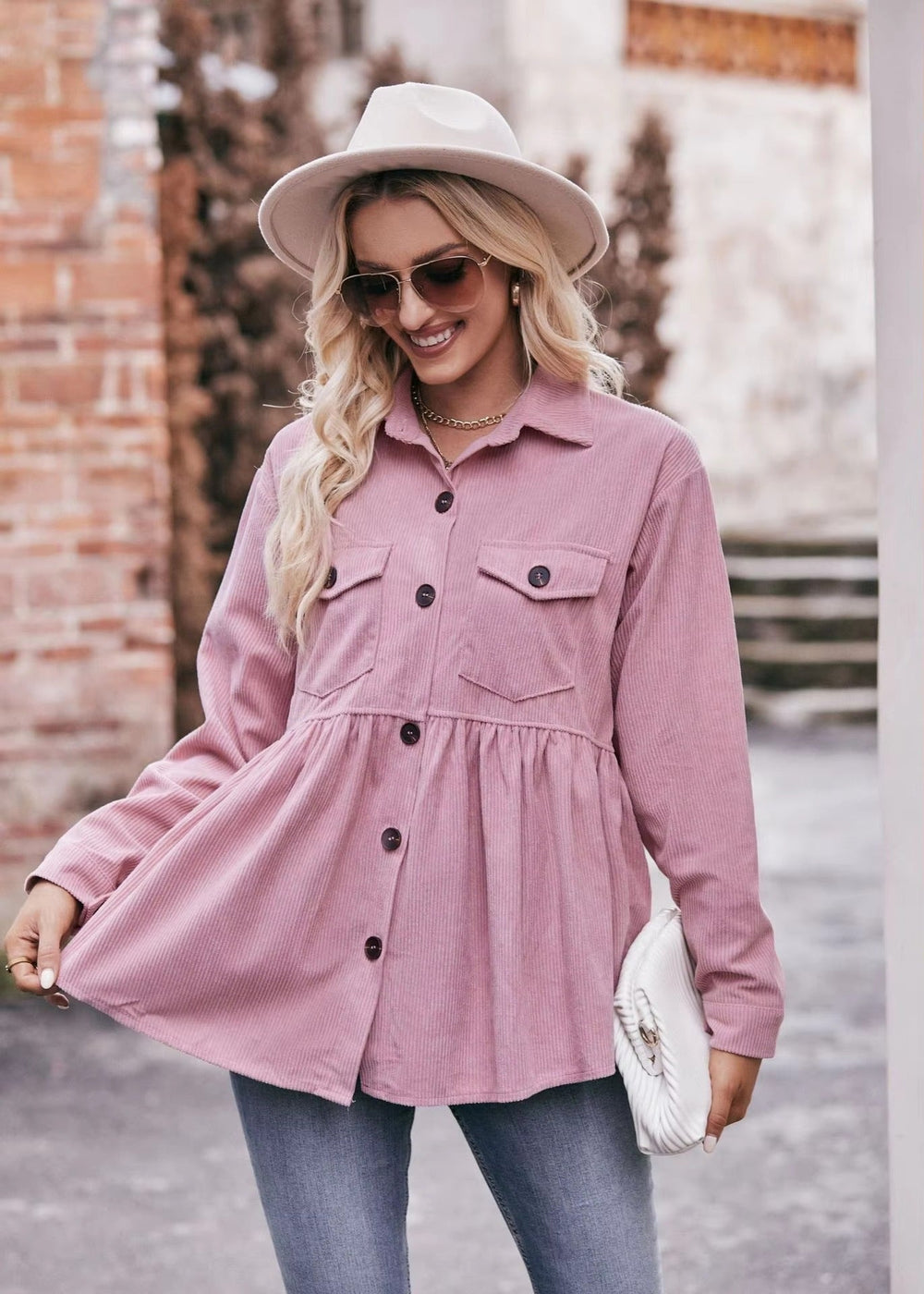 Elegant 2 Pocket Lapel Single-breasted Thicken Blouses Warm Long Sleeve T-shirt Mssza